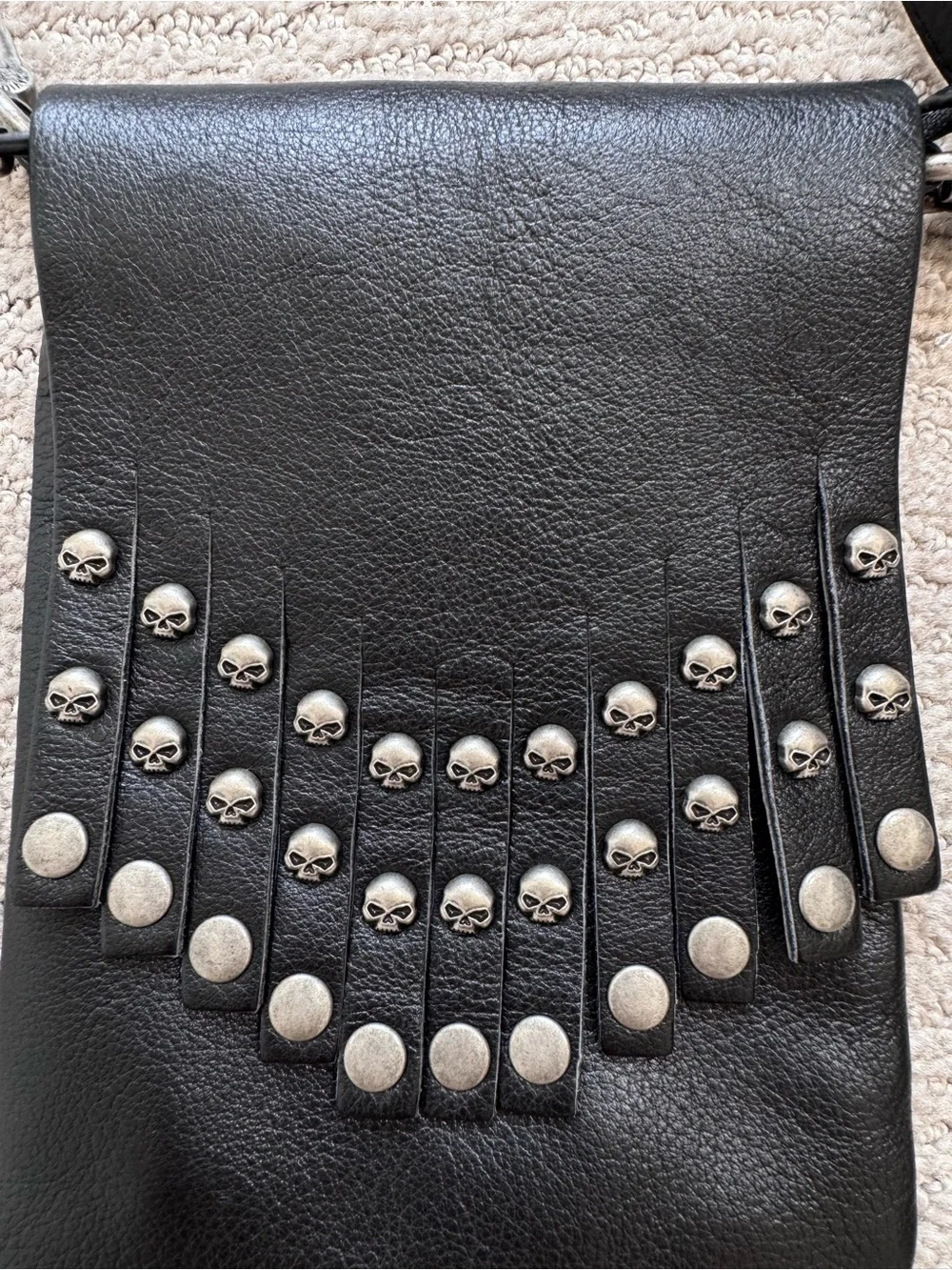 Harley-Davidson Black Leather Skull Fringe Crossbody 5x7” Bag Biker Gothic Rock